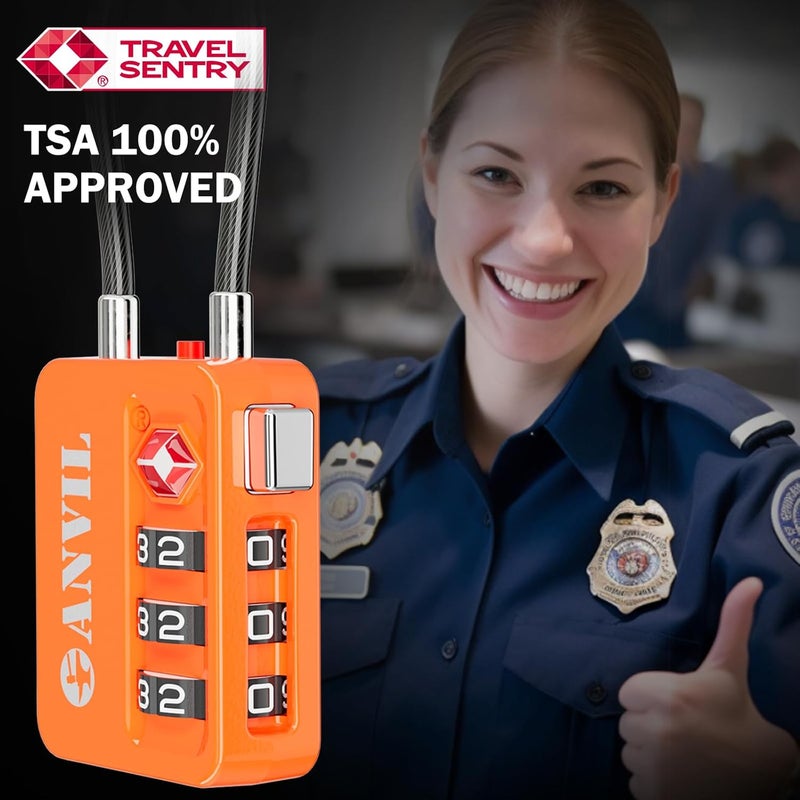 Anvil TSA Locks for Luggage with Search Alert: Durable Cable Combination Locks, TSA Approved - Secure Travel Locks for Suitcases, Backpacks & Gun Cases (2, Orange) - Image 4